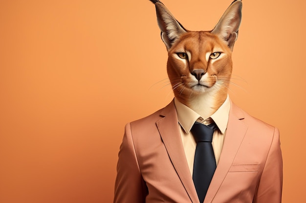 Gato caracal em terno de negócios laranja em fundo castanho