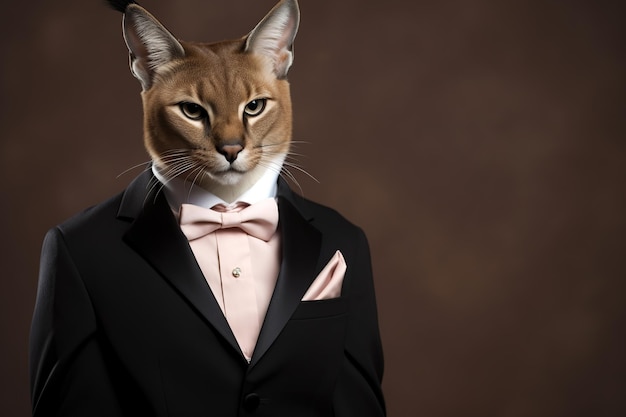 Gato caracal en traje de negocios negro sobre un fondo marrón oscuro