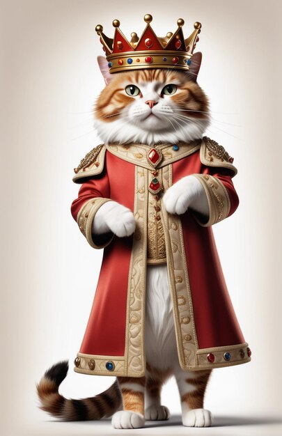 Gato caricatura antropomórfico vestindo roupas de um rei e uma coroa de pé com o corpo inteiro