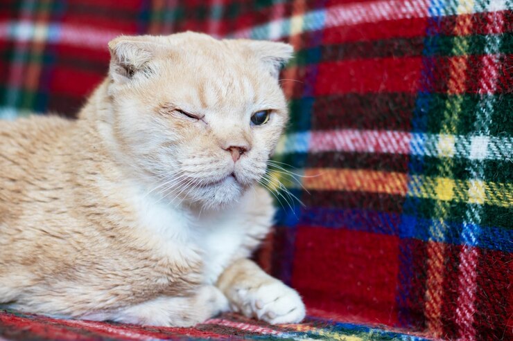 Foto gato carnívoro felidae descansando em um cobertor de tartan plaid no sofá