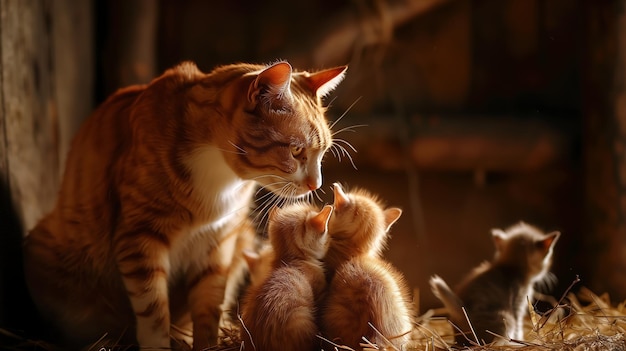 Foto gato carnívoro felino con dos gatitos pequeños en un montón de heno