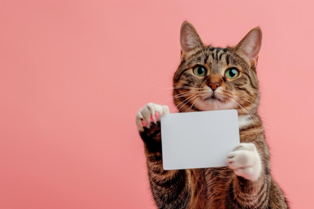 Gato con cartel en blanco