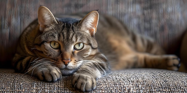 Gato de casa relajado disfrutando de un ambiente interior acogedor Concepto de fotos interiores Fotografía de gatos Momentos acogedores Mascotas relajadas Confort en el hogar