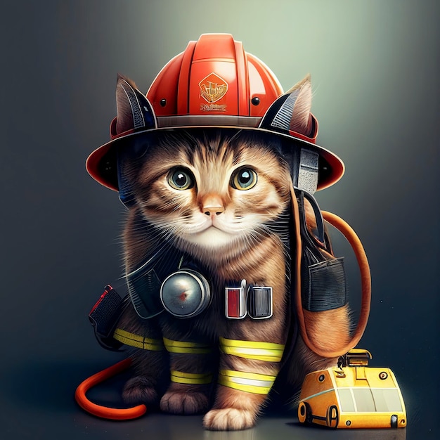 Un gato con casco de bombero y un coche de juguete.