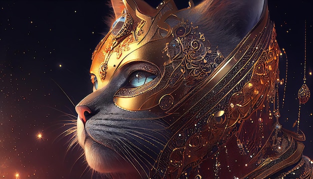 Un gato con un casco dorado con una cadena de oro.