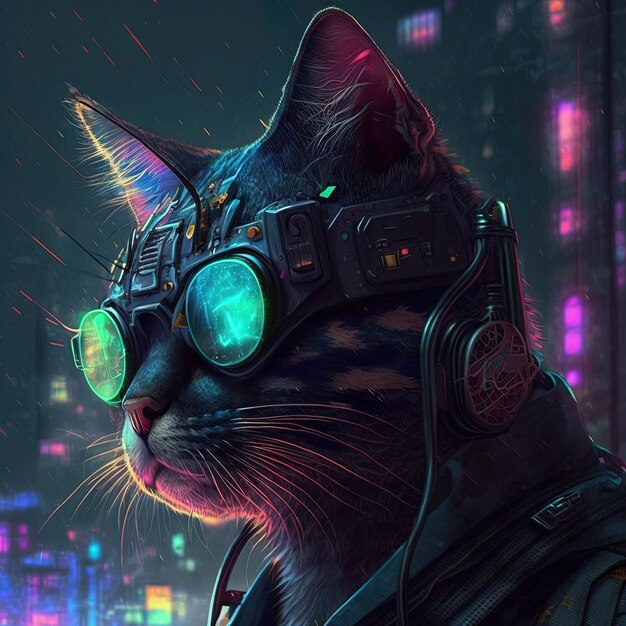 Un gato con casco y gafas que dice "cyberpunk"