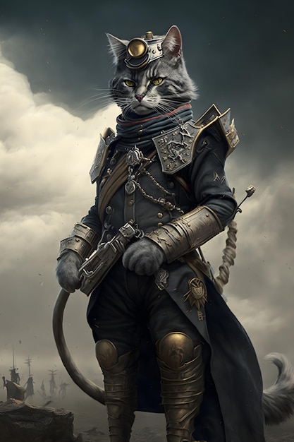 gato con casco militar