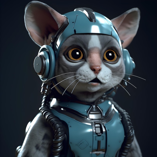 Un gato con un casco de robot y un casco lleva puesto un traje de robot.