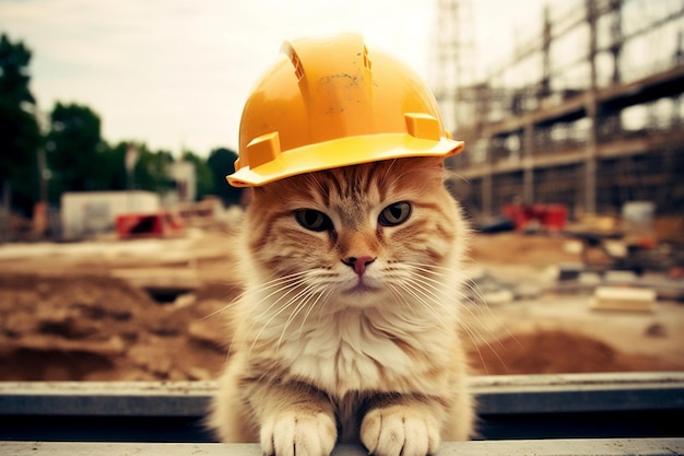 Gato con un casco en un sitio de construcción AI