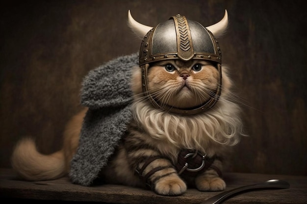 Un gato con casco vikingo se sienta en una mesa.