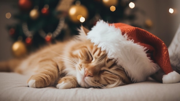 El gato celebra la Navidad en el contexto de los juguetes del árbol de Navidad bokeh vacaciones de invierno duerme en un sombrero rojo generado por IA