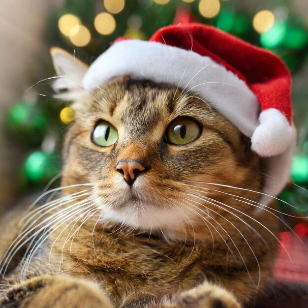 Gato de celebración con bigotes en un sombrero de Año Nuevo