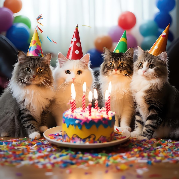 Gato celebrando fiesta con otro gato y pastel con vela