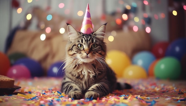 Gato celebrando su cumpleaños con un trozo de pastel y sombrero de fiesta gato divertido con sombrero festivo Feliz