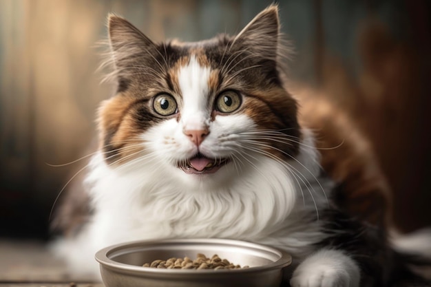 Gato cerca de un plato de comida nutrición concepto generativo ai