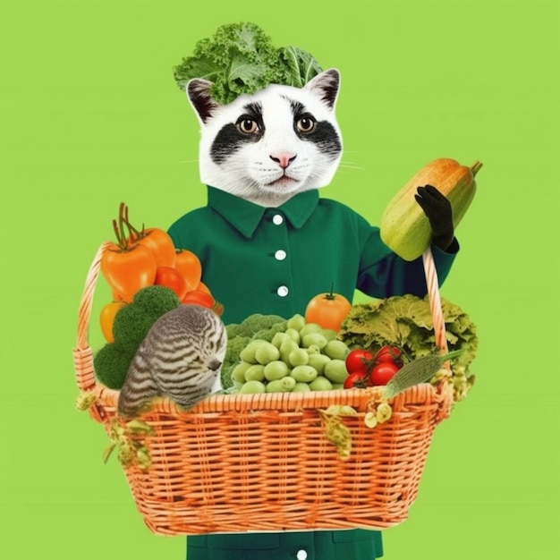 Un gato con una cesta de verduras dentro.