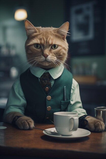 gato con un chaleco verde y ojos verdes junto a una taza de café ai generativo