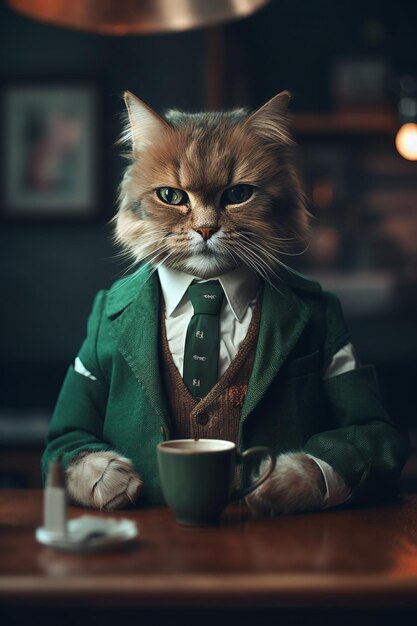 gato con un chaleco verde y ojos verdes junto a una taza de café ai generativo