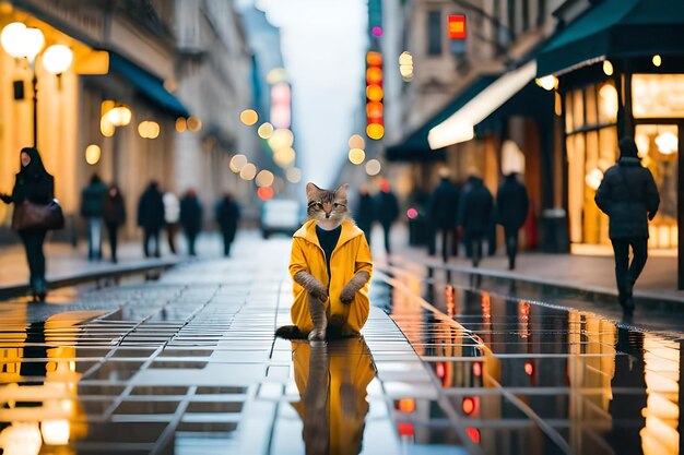 un gato con una chaqueta amarilla está parado en una acera mojada.