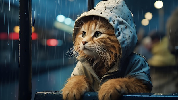 Un gato con una chaqueta atrapado en la lluvia en un fondo borroso