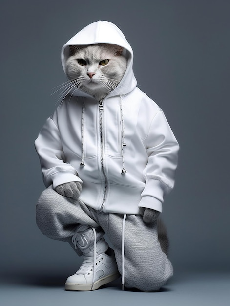 un gato con una chaqueta blanca que dice "gato"