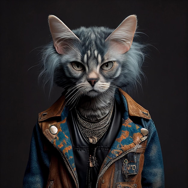 Un gato con una chaqueta de cuero y una chaqueta con la palabra gato.