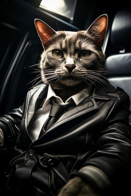 Gato con chaqueta de cuero y corbata sentado en el coche IA generativa