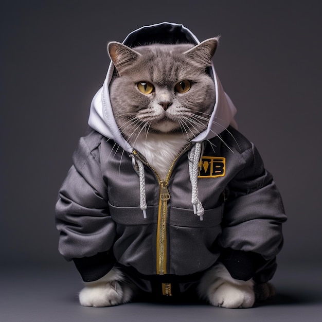 un gato con una chaqueta que dice bb