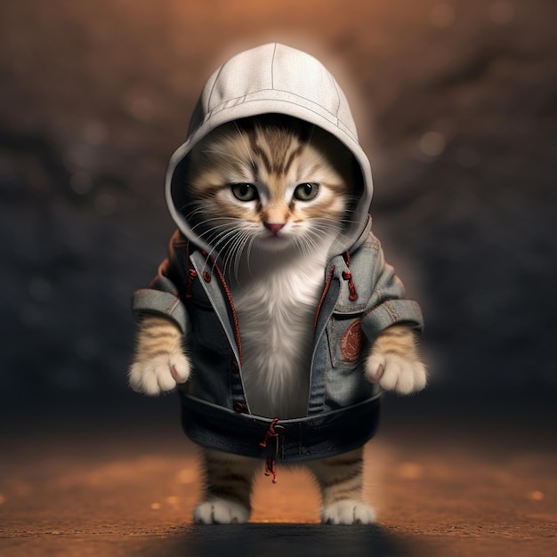 un gato con una chaqueta que dice "el gato lleva una chaqueta"