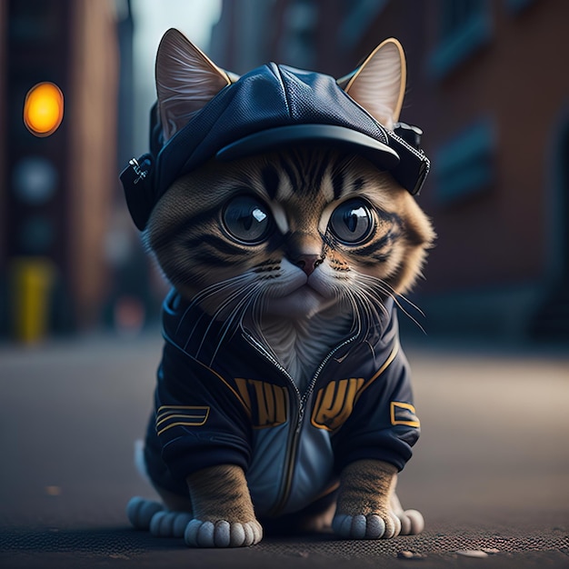 Un gato con una chaqueta que dice "gato"