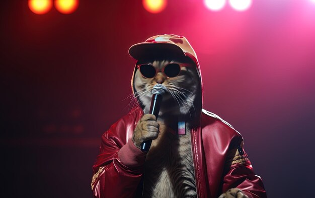 un gato en una chaqueta roja con un micrófono en la mano