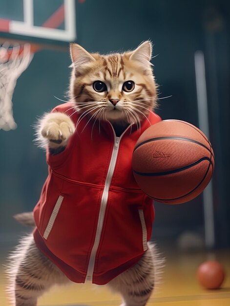 un gato en una chaqueta roja con una pelota de baloncesto en el fondo