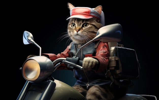 Foto un gato con una chaqueta roja y un sombrero está montando una motocicleta