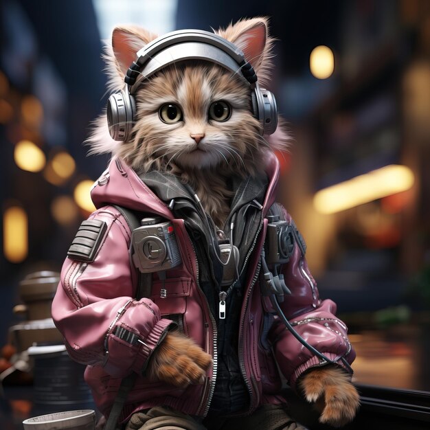 un gato con una chaqueta rosa y auriculares