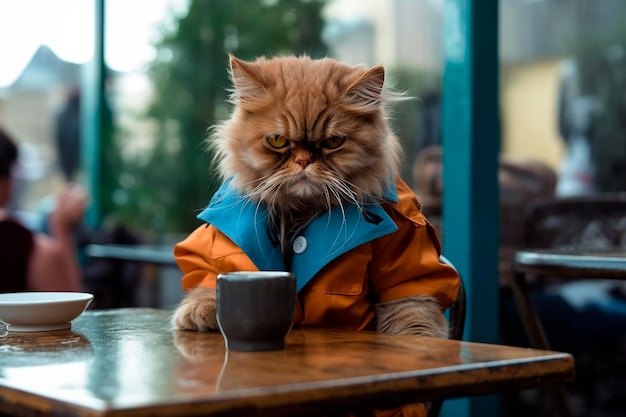 Un gato con chaqueta se sienta en una mesa con una taza de café.