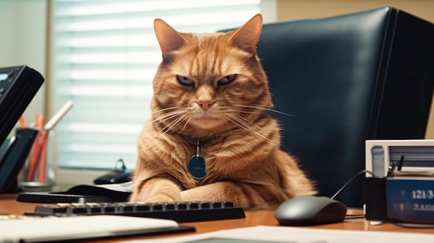 Gato chefe está sentado em sua mesa em seu conceito de negócio de escritório