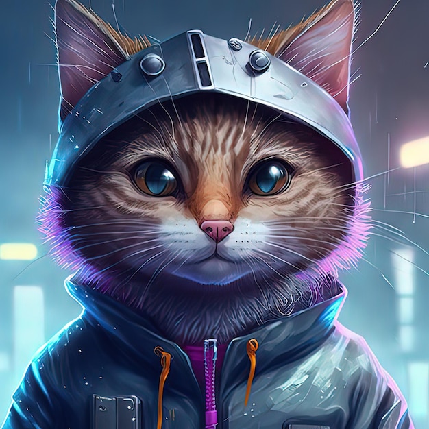 Gato cibernético futurista em estilo cyberpunk Pintura de ilustração de estilo de arte digital