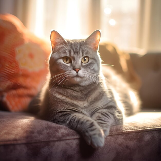 Gato cinza escocês no sofá ao sol