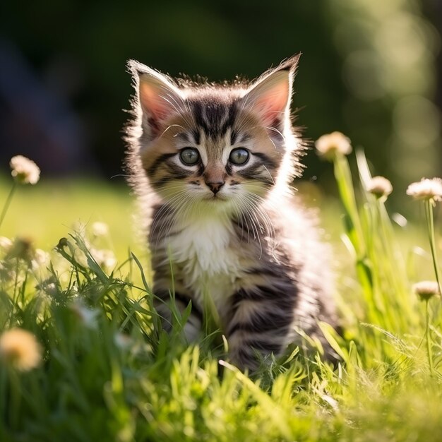 Foto gato cinza fofo e bonito com o nascer do sol na grama verde generative ai