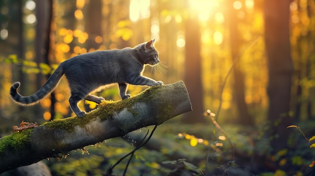 Gato cinzento caminhando em um tronco de árvore suspenso na floresta