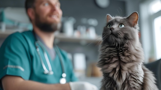 Gato cinzento curioso em foco em uma clínica veterinária com veterinário em segundo plano imagem perfeita para artigos de cuidados com animais de estimação IA