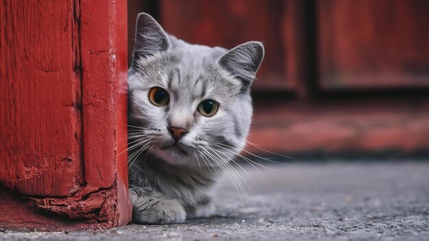 Foto gato cinzento espreita fora do canto emoções animais em um conceito de animal de estimação branco