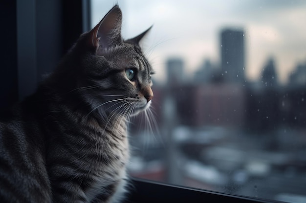 Gato de la ciudad mirando por la ventana a los rascacielos