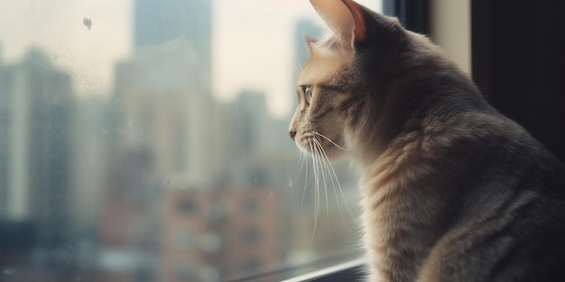 Gato de la ciudad mirando por la ventana a los rascacielos