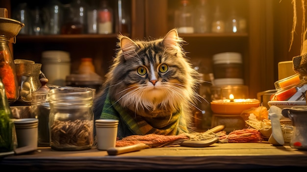 gato en la cocina de la casa comida y especias elaboradas con IA Generativa