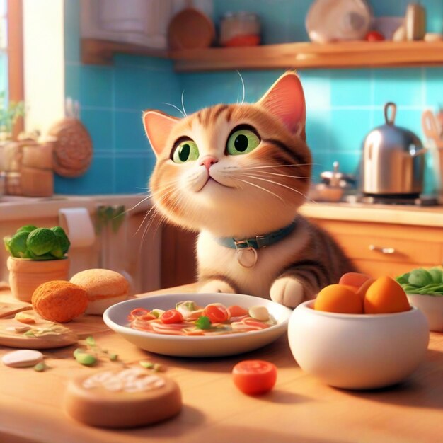 Gato en la cocina con un plato de verduras