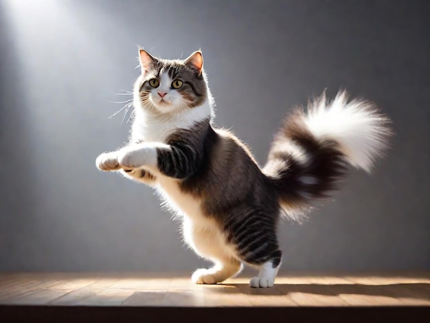 Foto un gato con una cola esponjosa está de pie en una mesa