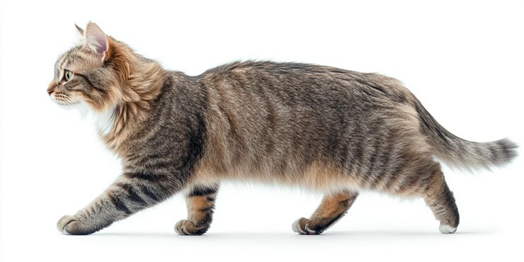 un gato con una cola a rayas camina sobre un fondo blanco