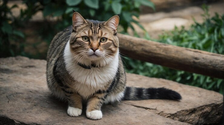 un gato con un collar que dice bigotes se sienta en un tronco