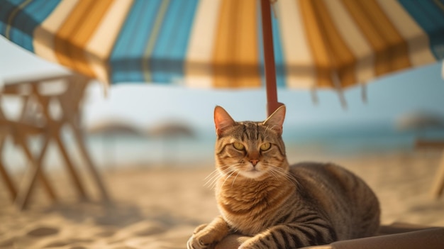 Foto un, gato, colocar, debajo, un, paraguas, en, un, playa